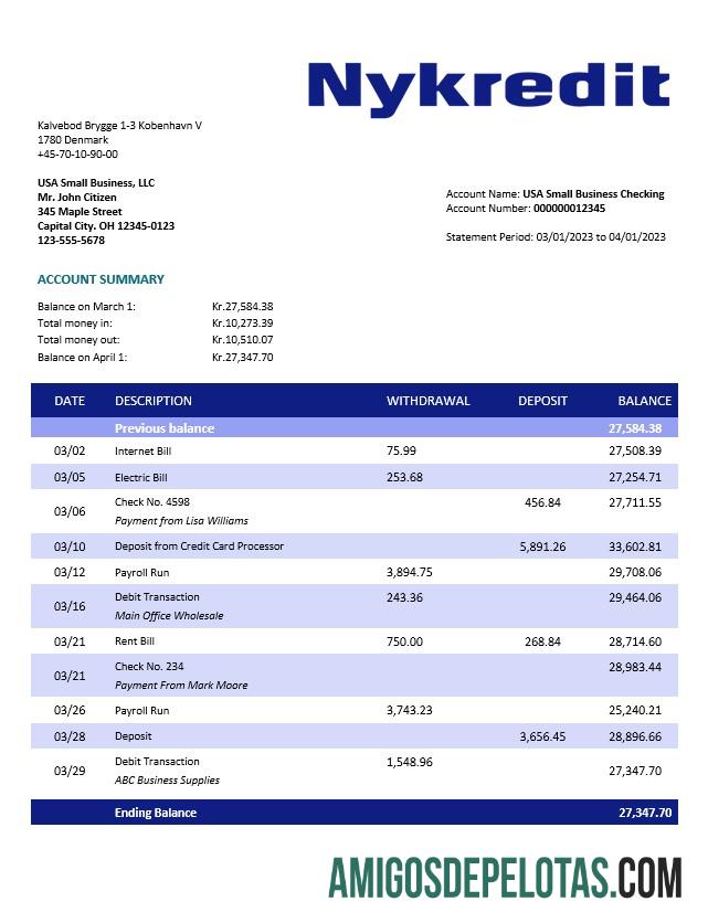 Em branco Nykredit Bank Organization Statement Modelo Word e PDF